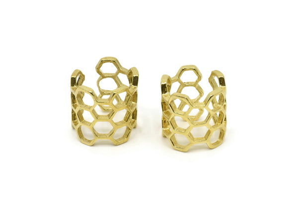 Brass Honeycomb Ring - 3 Raw Brass Adjustable Honeycomb Rings N0014