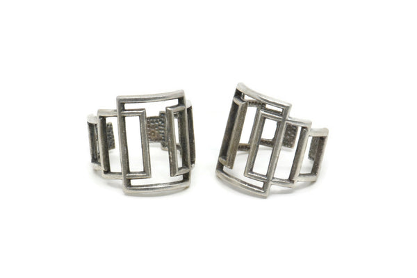 Silver Rectangle Ring, Antique Silver Plated Brass Adjustable Rectangle Modern Rings N0002