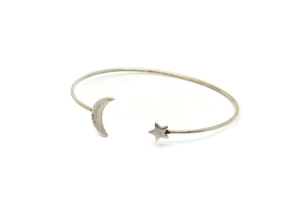 Silver Moon Star Cuff, Antique Silver Plated Brass Open Bangles With Moon And Star Bracelet BRC238 BRC234