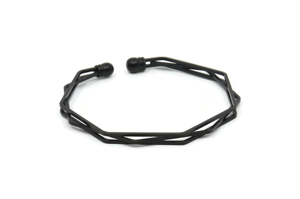 Bohemian Wavy Cuff, 1 Oxidized Black Brass Triple Wire Bracelets With Waves And Ball Ending Brc239