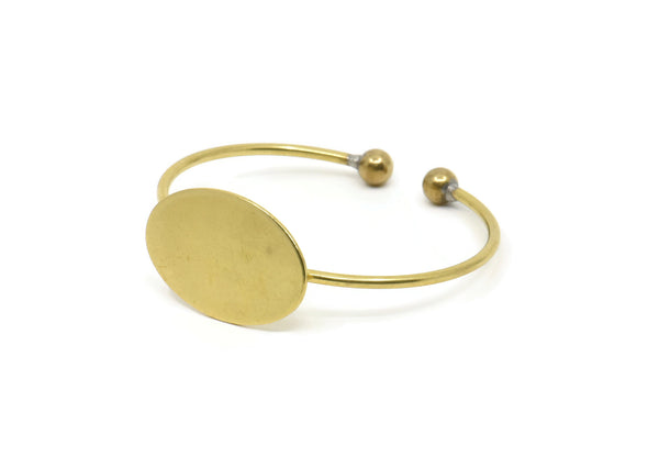 Open Brass Bangle Ball End, 3 Raw Brass Open Cuffs With Ball Ending And Oval Blank V001