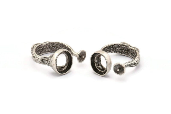 Silver Ring Settings, 1 Antique Silver Plated Adjustable Ring with 2 Stone Settings - Pad Size 10x12mm N0133 H0302