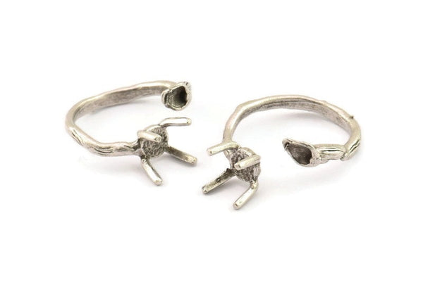 Silver Ring Settings, 2 Antique Silver Plated Brass Claw Rings, Adjustable Rings - Pad Size 6mm N2565 H1637