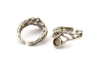 Silver Ring Setting, Antique Silver Plated Brass Adjustable Rings With 1 Stone Settings - Pad Size 6mm N2559 H1640