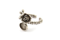 Silver Flower Ring, Antique Silver Plated Brass Adjustable Rings With 1 Stone Settings - Pad Size 6x8mm N2579 H1650