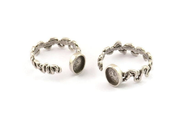 Silver Ring Setting, 2 Antique Silver Plated Brass Adjustable Rings With 1 Stone Settings - Pad Size 6x8mm N2558 H1643