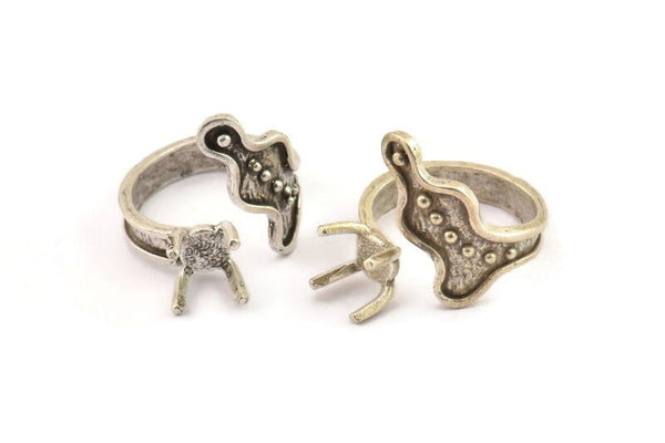 Silver Ring Settings, Antique Silver Plated Brass Claw Rings, Adjustable Rings - Pad Size 6mm N2534 H1624