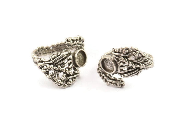 Silver Ring Setting, Antique Silver Plated Brass Adjustable Rings With 1 Stone Settings - Pad Size 6mm N2553 H1658