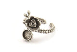 Silver Flower Ring, Antique Silver Plated Brass Adjustable Rings With 1 Stone Settings - Pad Size 6mm N2539 H1632