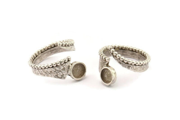 Silver Ring Setting, Antique Silver Plated Brass Adjustable Rings With 1 Stone Settings - Pad Size 6mm N2535 H1631