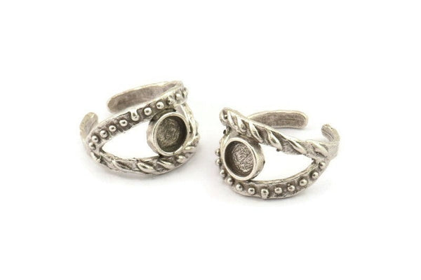 Silver Ring Setting, Antique Silver Plated Brass Adjustable Rings With 1 Stone Settings - Pad Size 6mm N2548 H1664