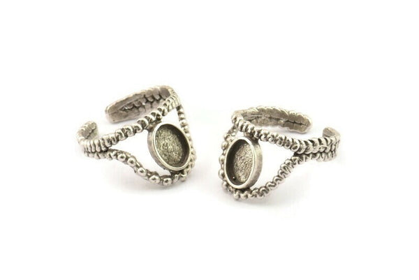 Silver Ring Setting, 2 Antique Silver Plated Brass Adjustable Rings With 1 Stone Settings - Pad Size 6x8mm N2574 H1635