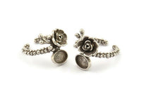 Silver Flower Ring, Antique Silver Plated Brass Adjustable Rings With 1 Stone Settings - Pad Size 6x8mm N2579 H1650