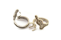 Silver Ring Settings, Antique Silver Plated Brass Claw Rings, Adjustable Rings - Pad Size 6mm N2534 H1624