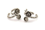 Silver Flower Ring, Antique Silver Plated Brass Adjustable Rings With 1 Stone Settings - Pad Size 6mm N2539 H1632