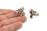 Silver Flower Ring, Antique Silver Plated Brass Adjustable Rings With 1 Stone Settings - Pad Size 6mm N2540 H1626