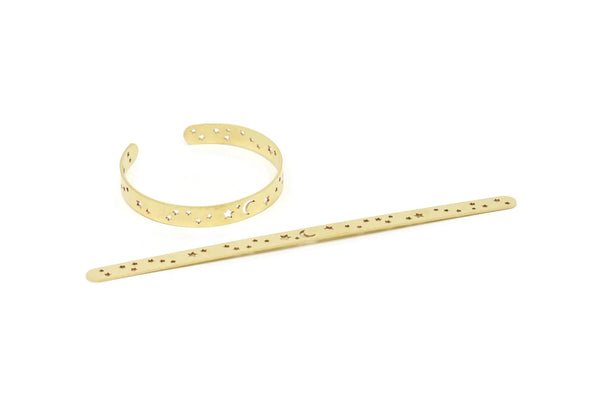 Brass Moon Stars Cuff, 2 Raw Brass Open Bangles with Moon and Stars 157x8x1mm BRC150