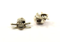 Skull Pirate Finding, 2 Antique Silver Plated Skull Head Bracelet Parts (21x16x8.5mm) N0376