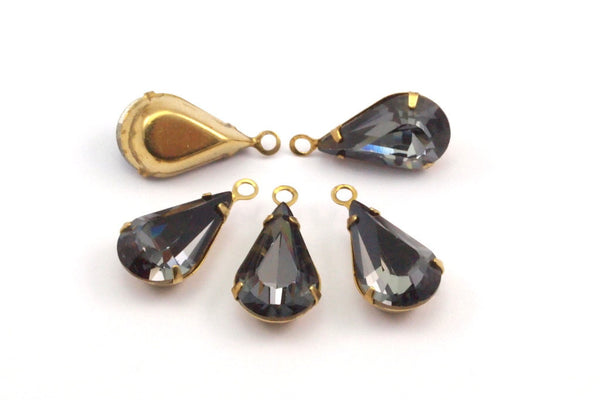 Black Diamond Swarovski Drop Charms - 20 Black Diamond Swarovski Crystal Drop Raw Brass Prong Settings (13x8mm) Y360 Y161