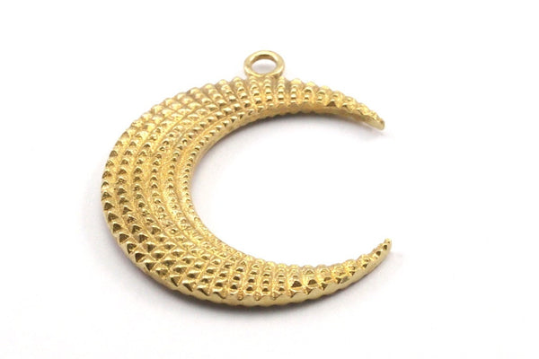 Brass Moon Charm, 2 Raw Brass Textured Horn Charms, Pendant, Jewelry Finding (36x10.55x3.75mm) N0205