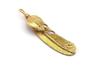 Boho Feather Pendant, 3 Raw Brass Feather Charms, Feather Pendants (47x10mm) N0179