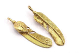 Boho Feather Pendant, 3 Raw Brass Feather Charms, Feather Pendants (47x10mm) N0179