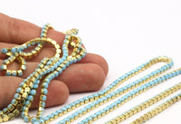 Turquoise Crystal Chain, 3 Feet (3.2mm) Ss12 Turquoise Glass Rhinestone Chain With Brass Frame Z132