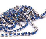 Blue Rhinestone Chain, 2 Feet Vintage 4mm Deep Blue Crystal Rhinestone Chain With Silver Plated Brass Frame - Made In Austria Au42 Z144