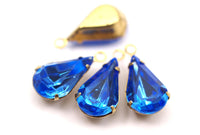 5 Sapphire Swarovski Crystal Drop With Raw Brass Prong Setting 13x8 Mm K310