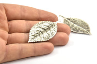 Antique Silver Leaf Charm, 2 Antique Silver Plated Leaf Pendants With 1 Loop, Charms ,Findings (60x30mm) A0496 H0249