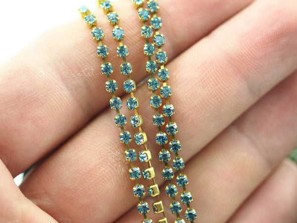 Blue Rhinestone Chain, 1 M (2.5mm) Aquamarine Rhinestone Chain With Brass Frame Ss-8 Z137