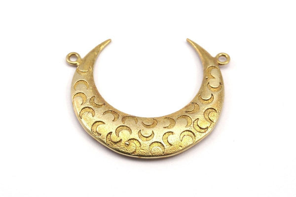 Brass Moon Charm, 2 Raw Brass Textured Horn Charms, Pendant, Jewelry Findings With 2 Loops (36x10.80x3.40mm) N0235