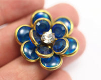 Blue Lucite And Brass Frame Caged Rhinestone Flower Flatback Beads, Cabochons 32 Mm Lb01