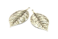 Antique Silver Leaf Charm, 2 Antique Silver Plated Leaf Pendants With 1 Loop, Charms ,Findings (60x30mm) A0496 H0249