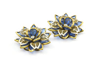 Blue Lucite And Brass Frame Caged Rhinestone Flower Flatback Beads, Cabochons (39x11mm) B-19