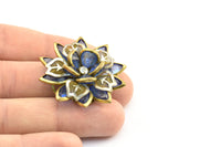 Blue Lucite And Brass Frame Caged Rhinestone Flower Flatback Beads, Cabochons (39x11mm) B-19