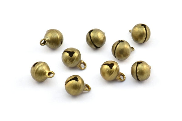 Brass Bell Charm, 100 Raw Brass Bell Bead Charms With 1 Loop (10.5x8mm) E084