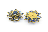 Blue Lucite And Brass Frame Caged Rhinestone Flower Flatback Beads, Cabochons (39x11mm) B-19