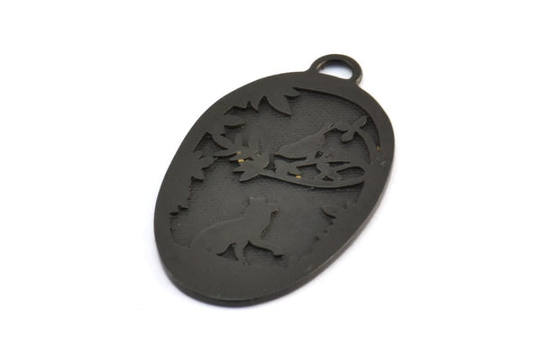 Black Cat Charm, 1 Oxidized Brass Black Cat And Bird Textured Oval Charms With 1 Loop, Blanks (42x24x1.2mm) E218 S777