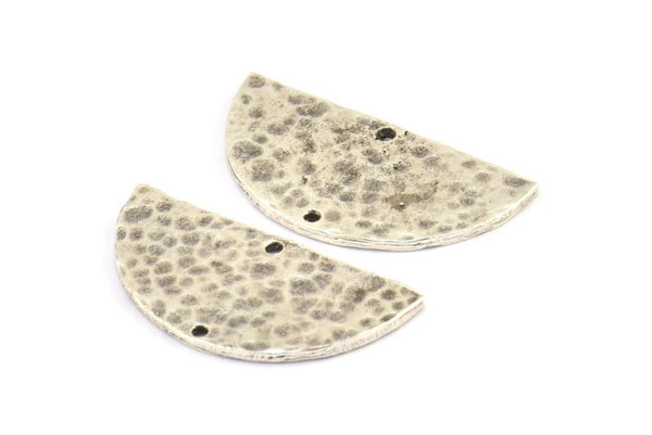 Hammered Half Moon, 2 Hammered Antique Silver Plated Brass Semi Circle Blanks with 2 Holes (30x15x1.2mm) N0340