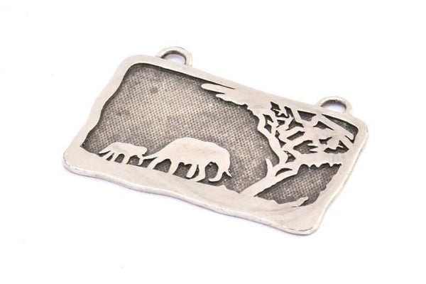 Brass Elephant Charm, 1 Antique Silver Plated Brass Elephant Textured Rectangle Charm With 2 Loops, Blanks (43.5x27.5x1.3mm) E233