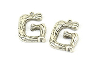 Bamboo G Letter, 3 Antique Silver Plated Brass Bamboo G Letter Alphabets, Initials, Uppercase, Rustic Style Letter Initial Pendants