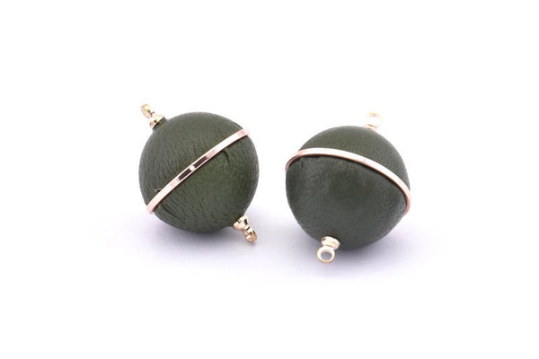 Brass Ball Charm, 2 Lamb Leather Covered Brass Ball Connectors With 2 Loops, Earrings, Pendants, Findings (26x20mm) B28