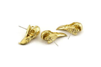 Brass Bird Earring, 2 Raw Brass Bird Skull Stud Earrings (25x11.5x7mm) N0957