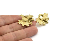 Brass Badge Earring, 2 Raw Brass Rosette Stud Earrings - Pad Size 6mm (31x21mm) N779