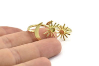 Brass Ring Settings, 10 Raw Brass Moon And Sun Ring With 1 Stone Setting - Pad Size 3mm N1067