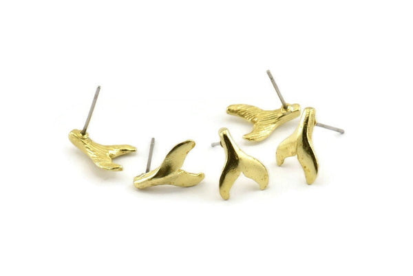 Brass Fish Tail Earring, 8 Raw Brass Fish Tail Stud Earrings (12x10mm) N1083