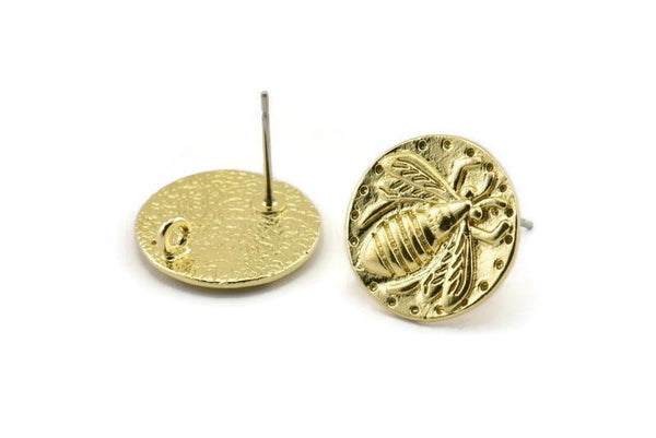 Brass Bee Earring, 4 Raw Brass Bee Stud Earrings (16mm) N1401