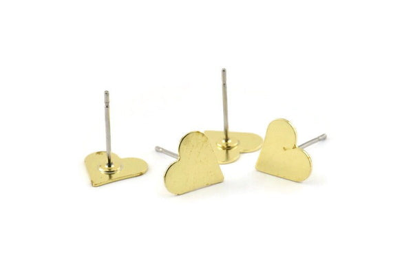 Brass Heart Earring, 12 Raw Brass Heart Stud Earrings (9mm) B0201 A1682