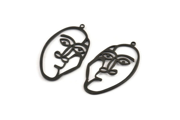 Black Face Charm, 4 Oxidized Black Brass Face Charms With 1 Loop (40x22x1mm) D0626